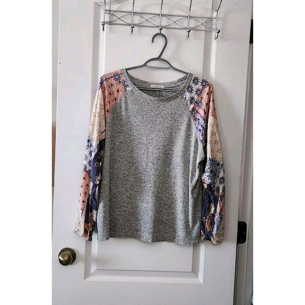 Freebird Women's Gray Knit Top Long Sleeve Rayon Bohemian Floral Blouse Size‎ L